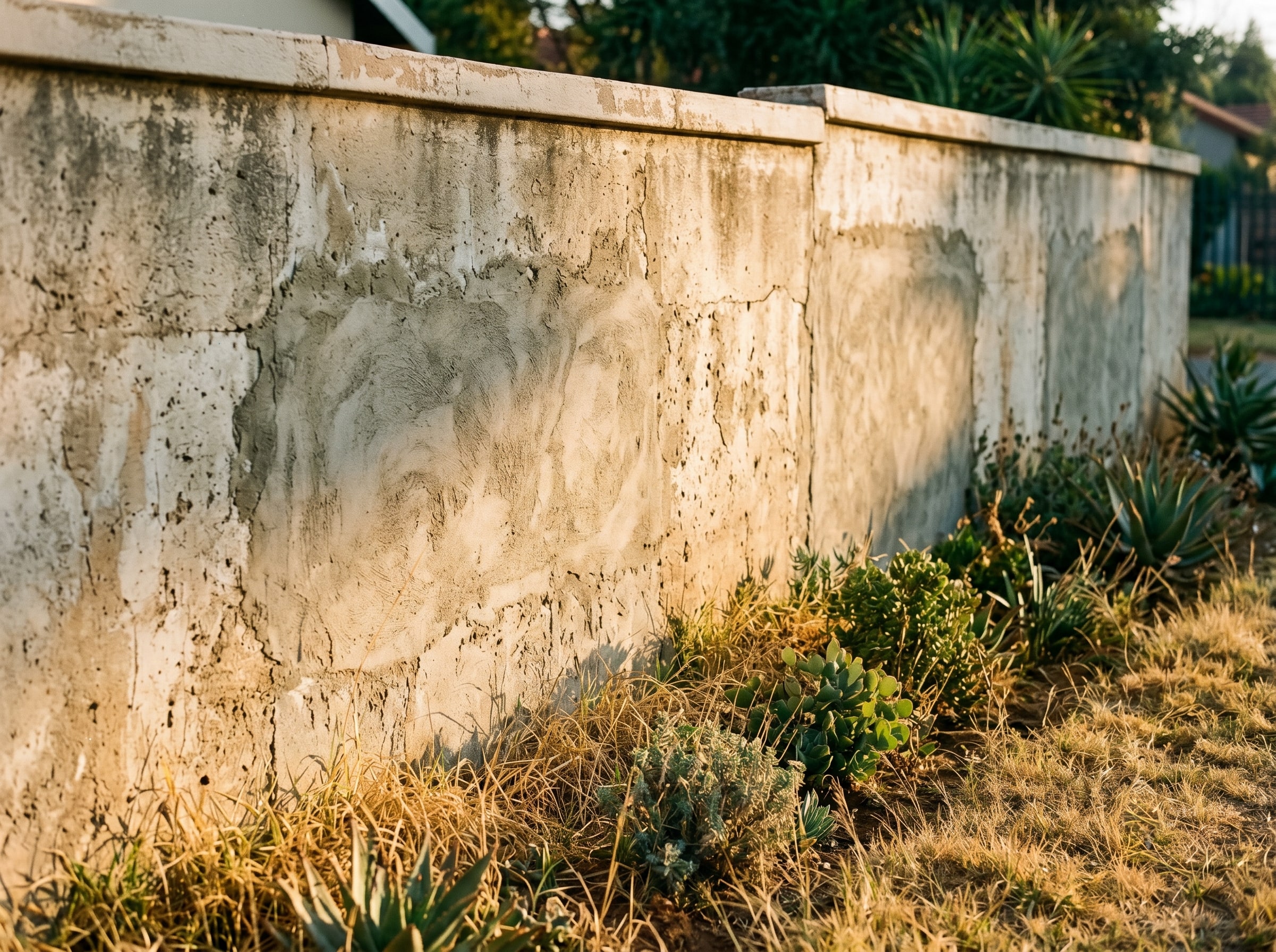 Close-up of completed structural repair mortar feathering into original concrete on a Gauteng column
