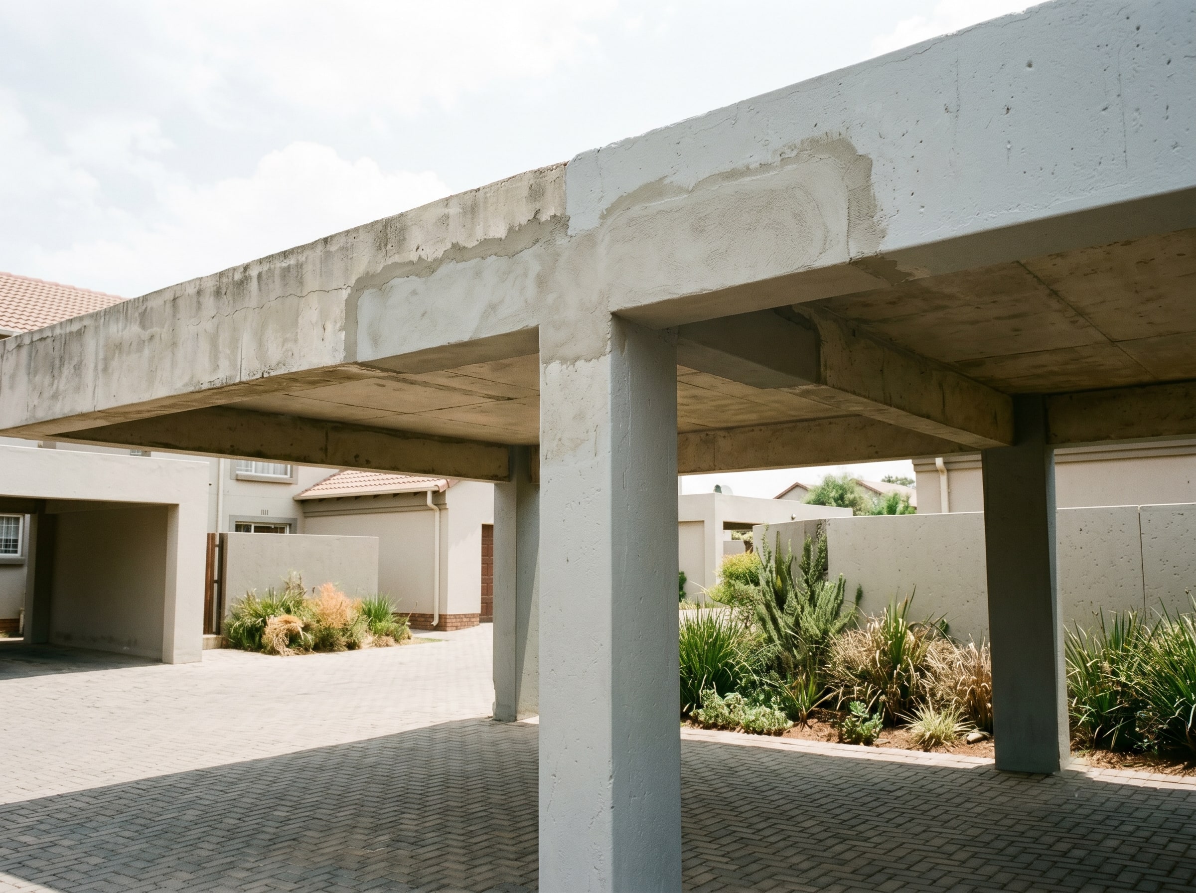 Close-up of completed external corner concrete repair on a Gauteng building