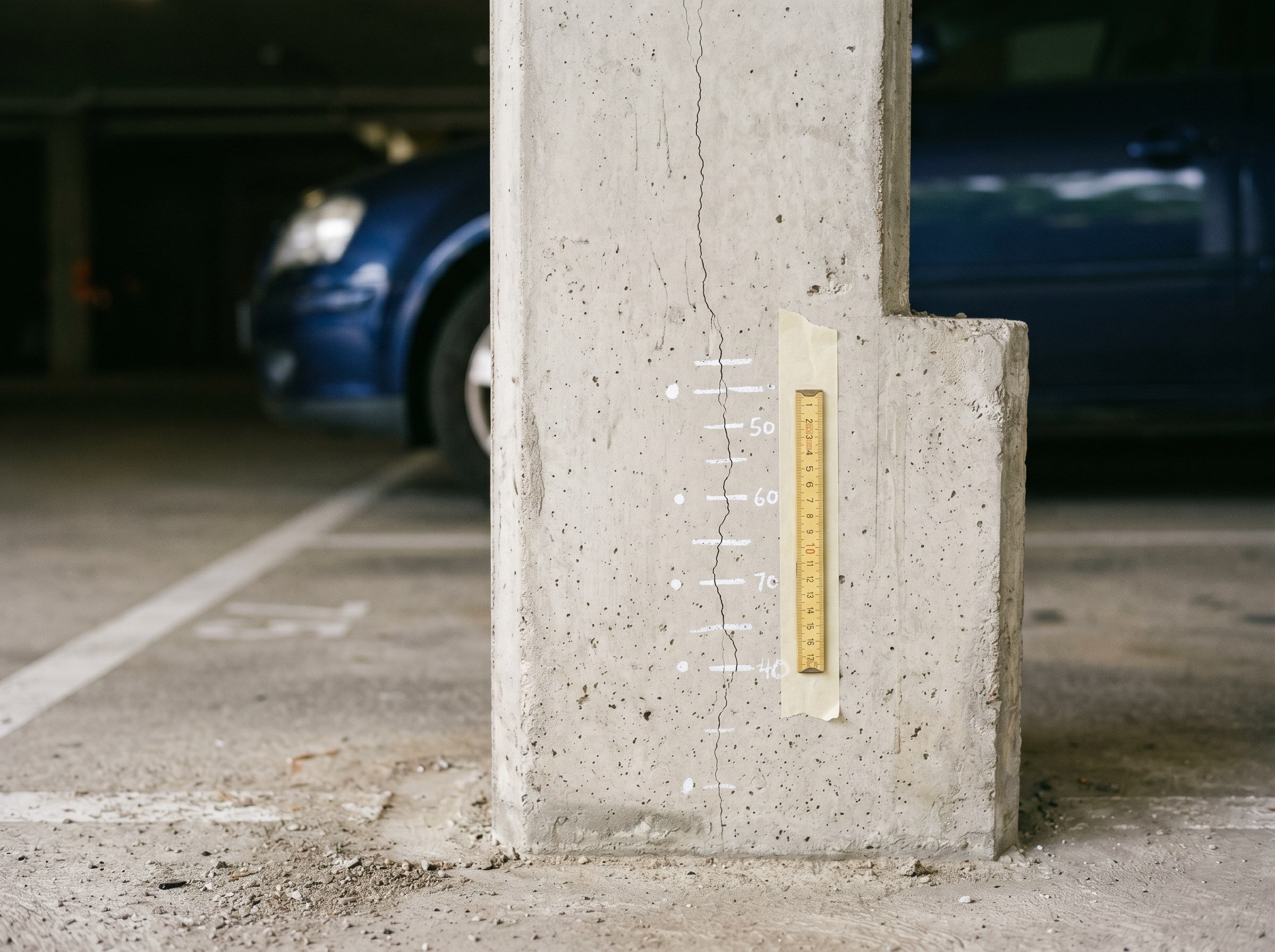 Crack mapping with chalk marks on a concrete garage column
