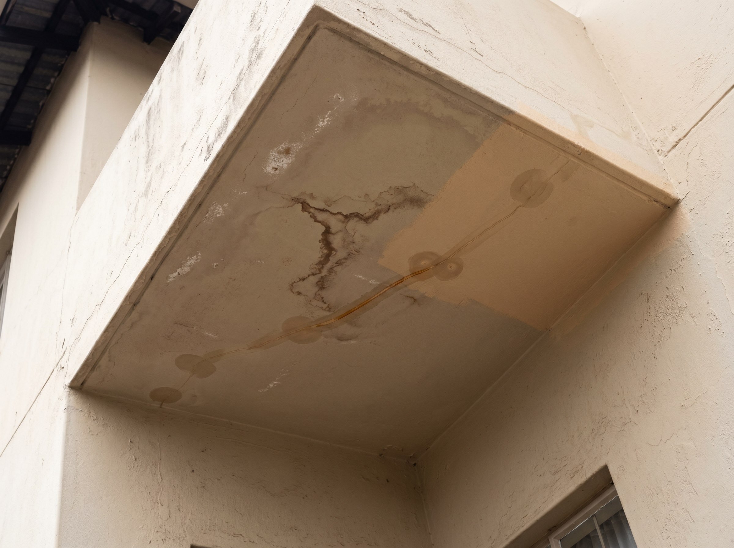 Completed injected crack on a balcony soffit with ports filled flush