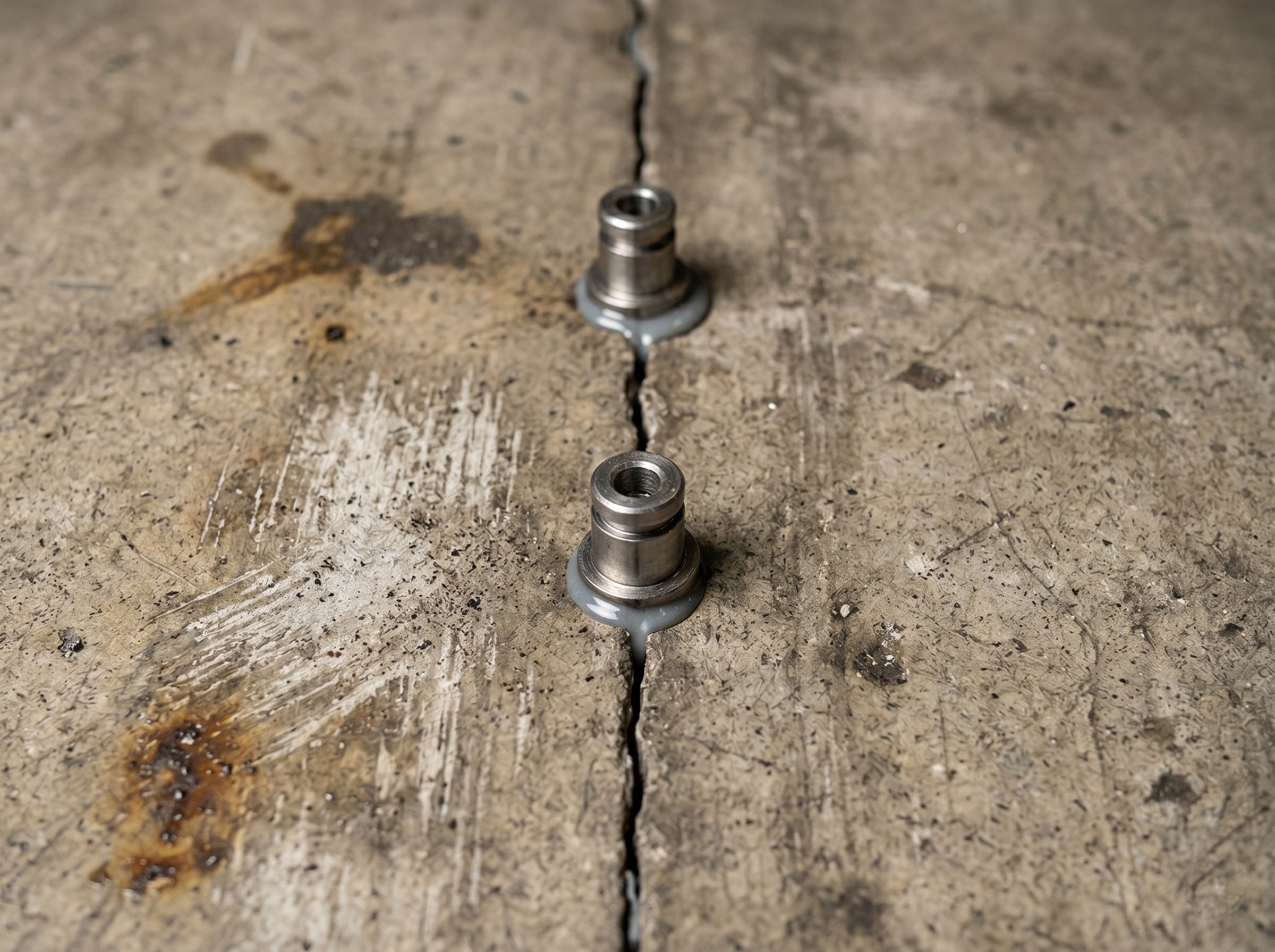 Close-up of injection ports on a short workshop floor crack