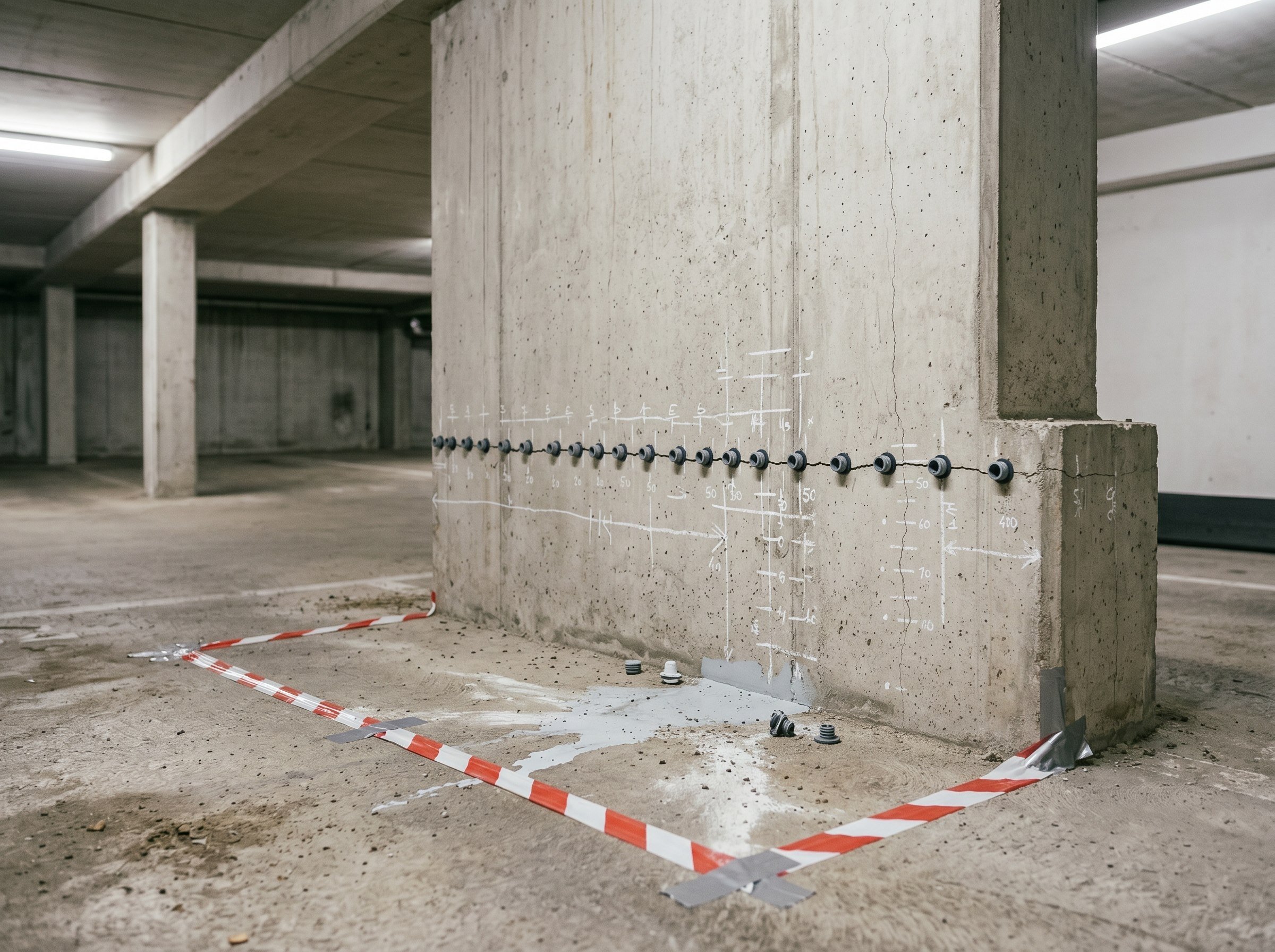 Injection ports along a crack at a single basement parking wall pillar base
