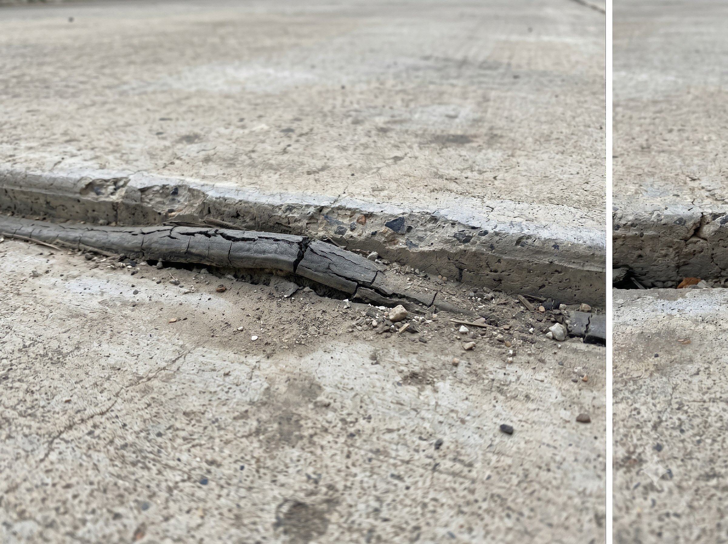 Worn expansion joint sealant with light arris wear before repair