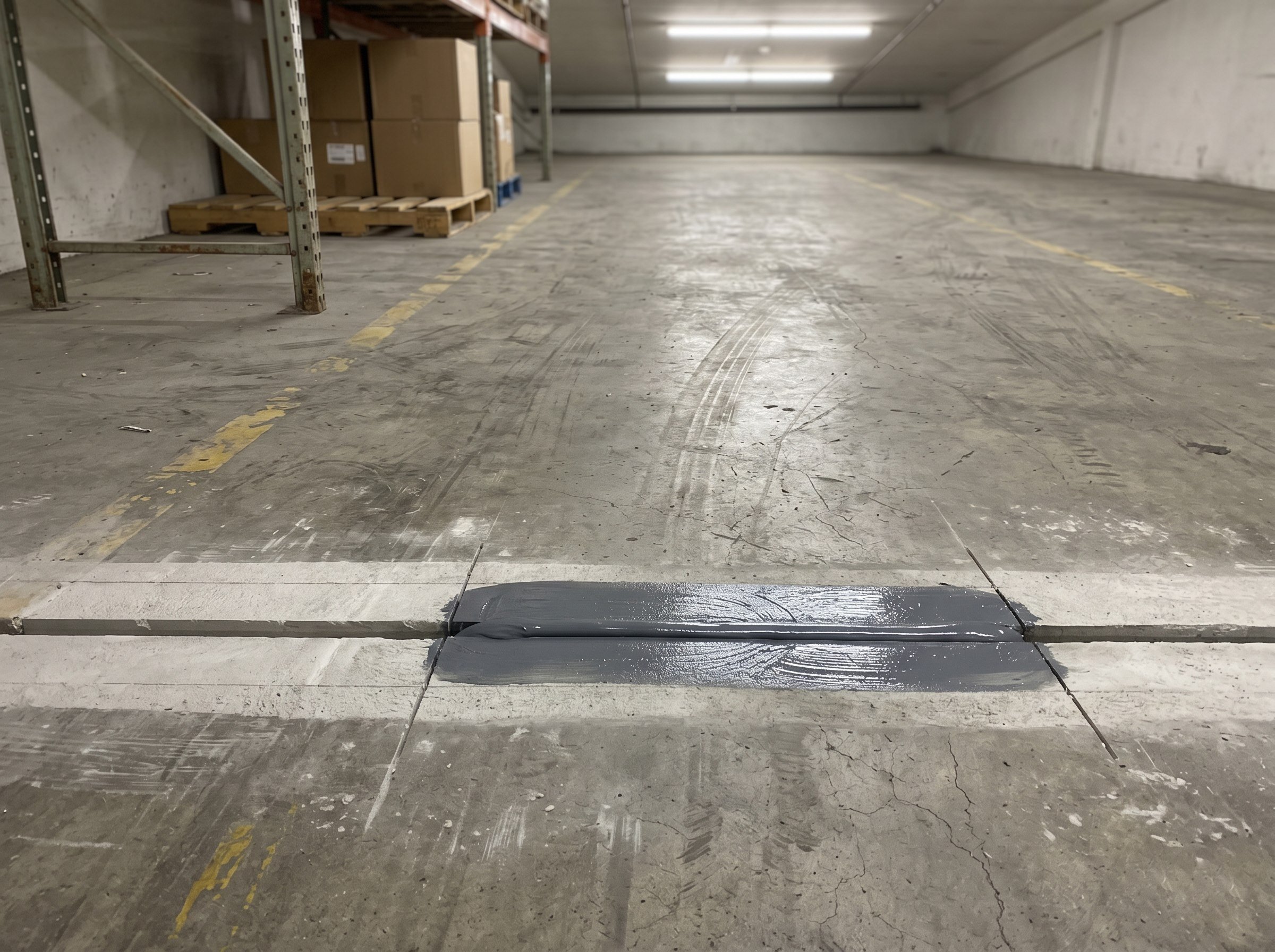 Fresh saw-cut expansion joint with sealant installation in a small warehouse aisle