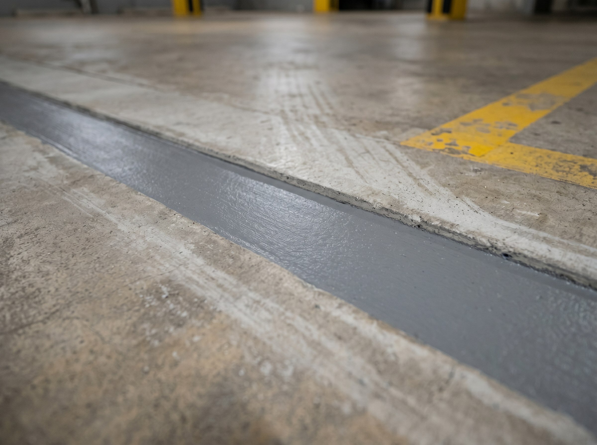Completed expansion joint with flush elastomeric sealant on a parking slab