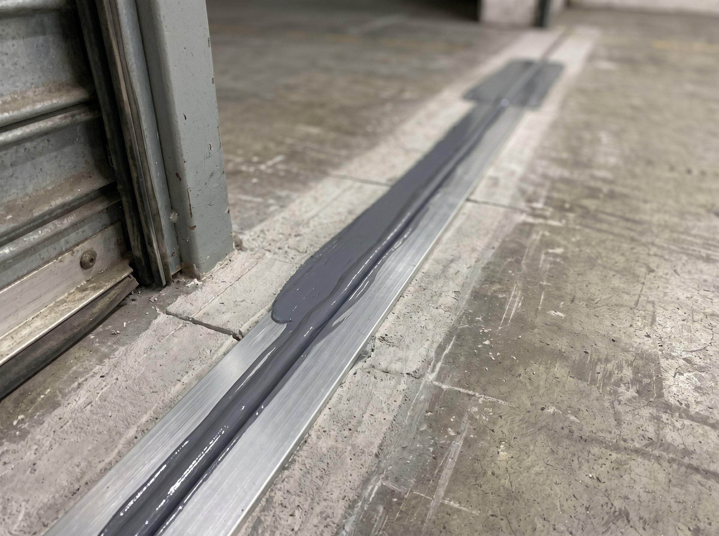 Aluminium armour angle and sealant bead at a small loading bay joint