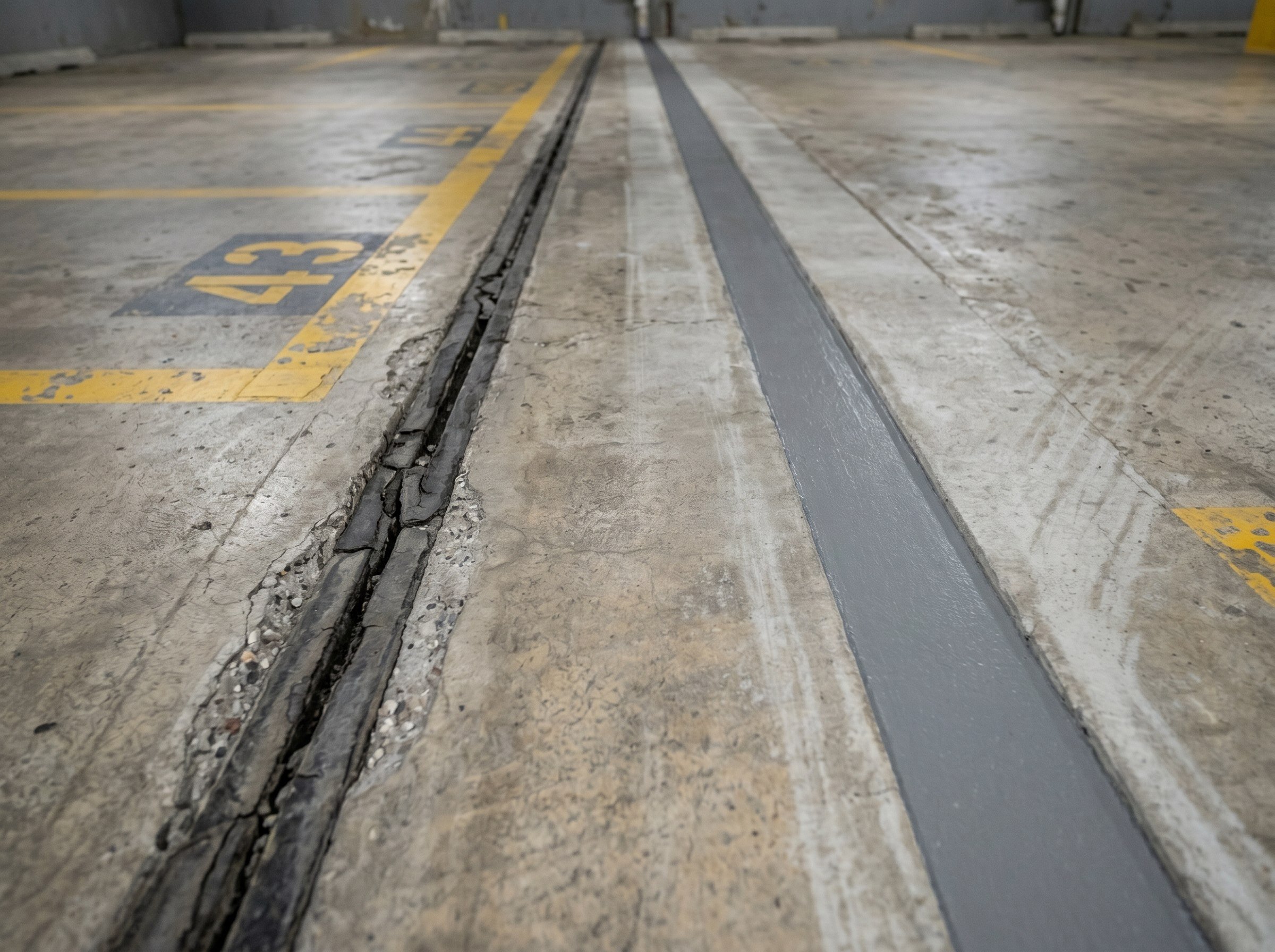 Old worn sealant beside a newly renewed expansion joint on the same slab