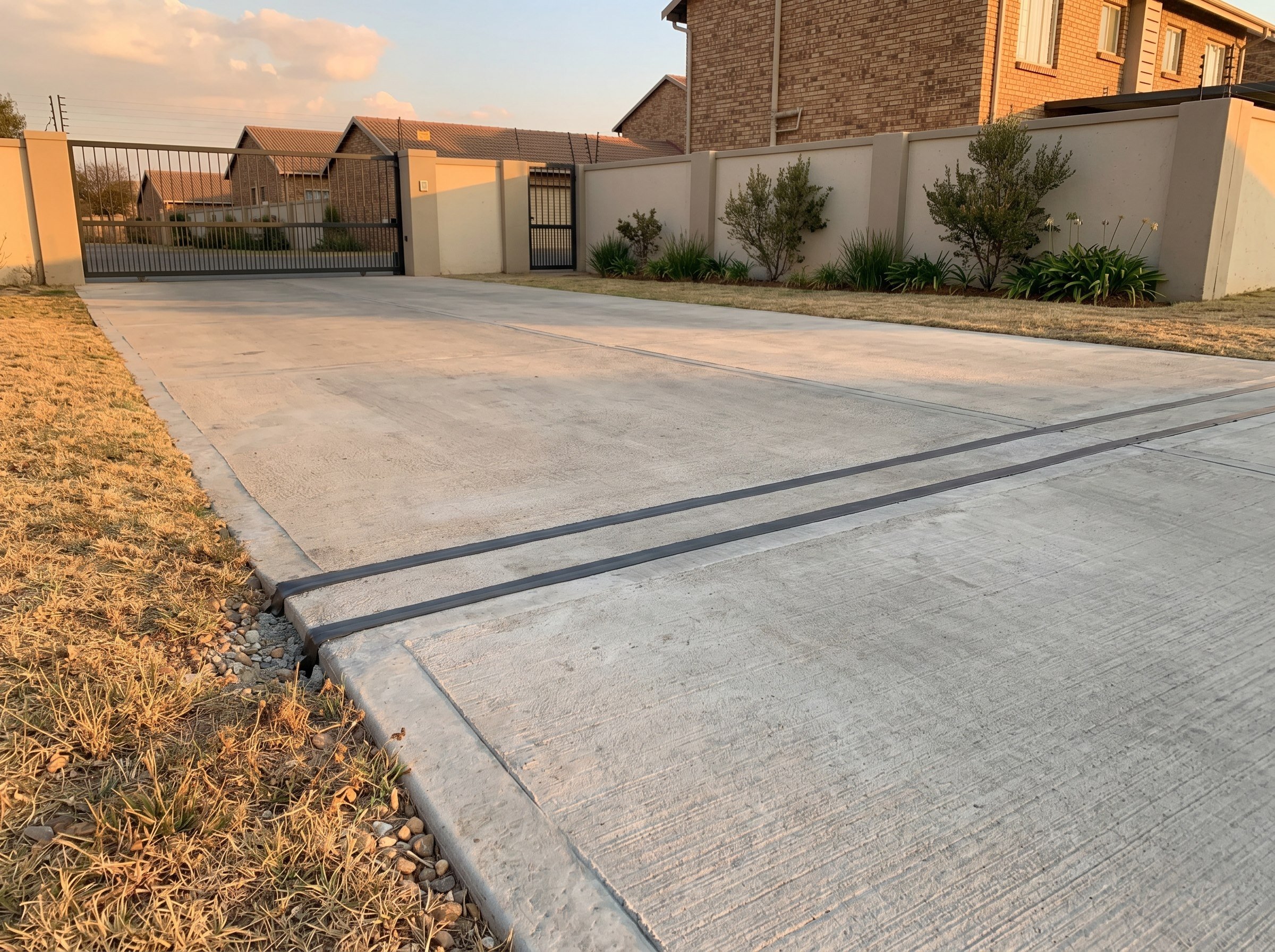 Completed expansion joint across a townhouse complex driveway entrance