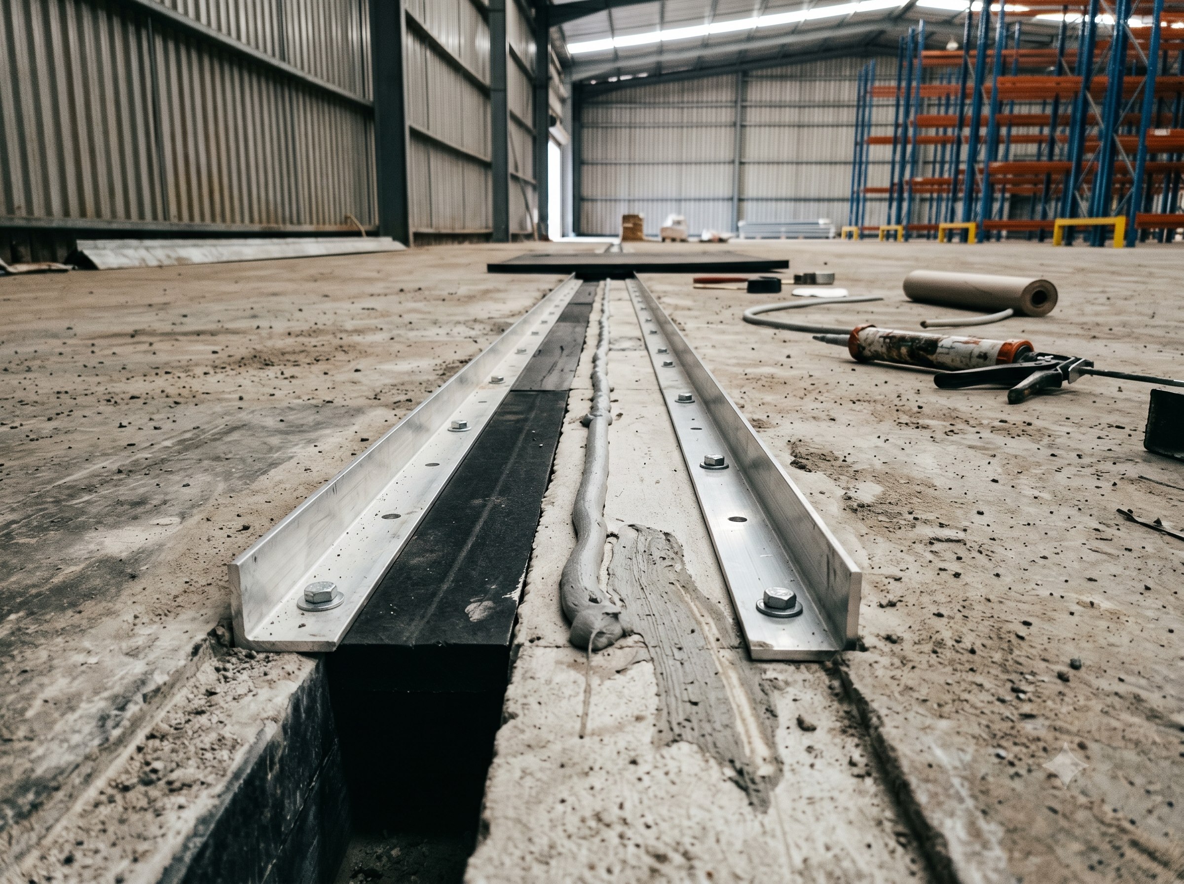 Traffic-rated expansion joint rebuild with sealant and armour detailing
