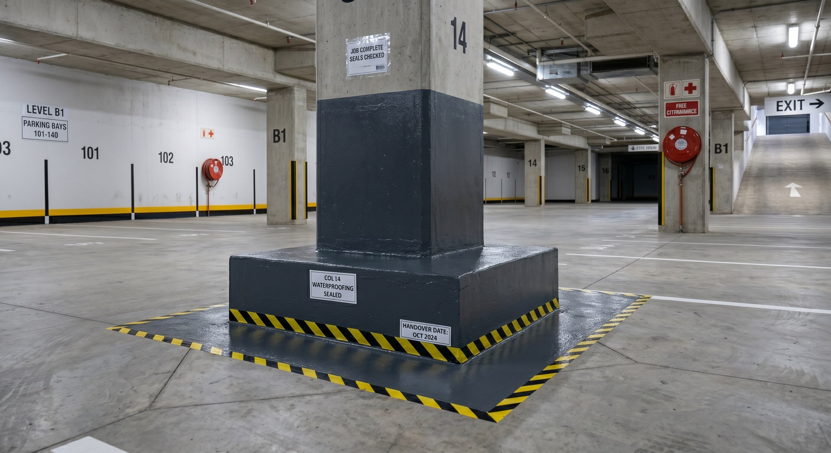 Finished waterproofing at a basement parking column base
