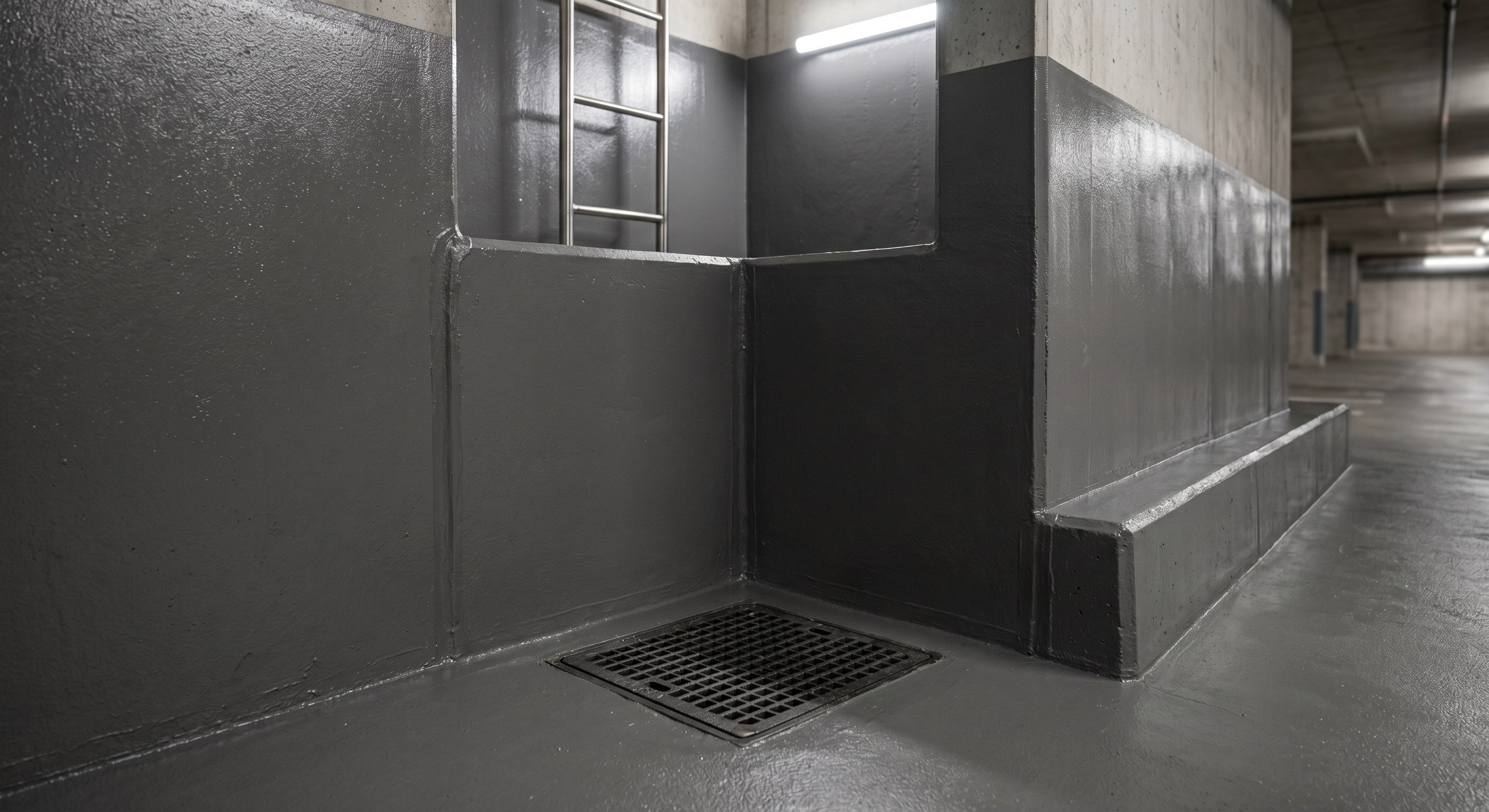 Completed negative-side tanking in a small office basement car park corner