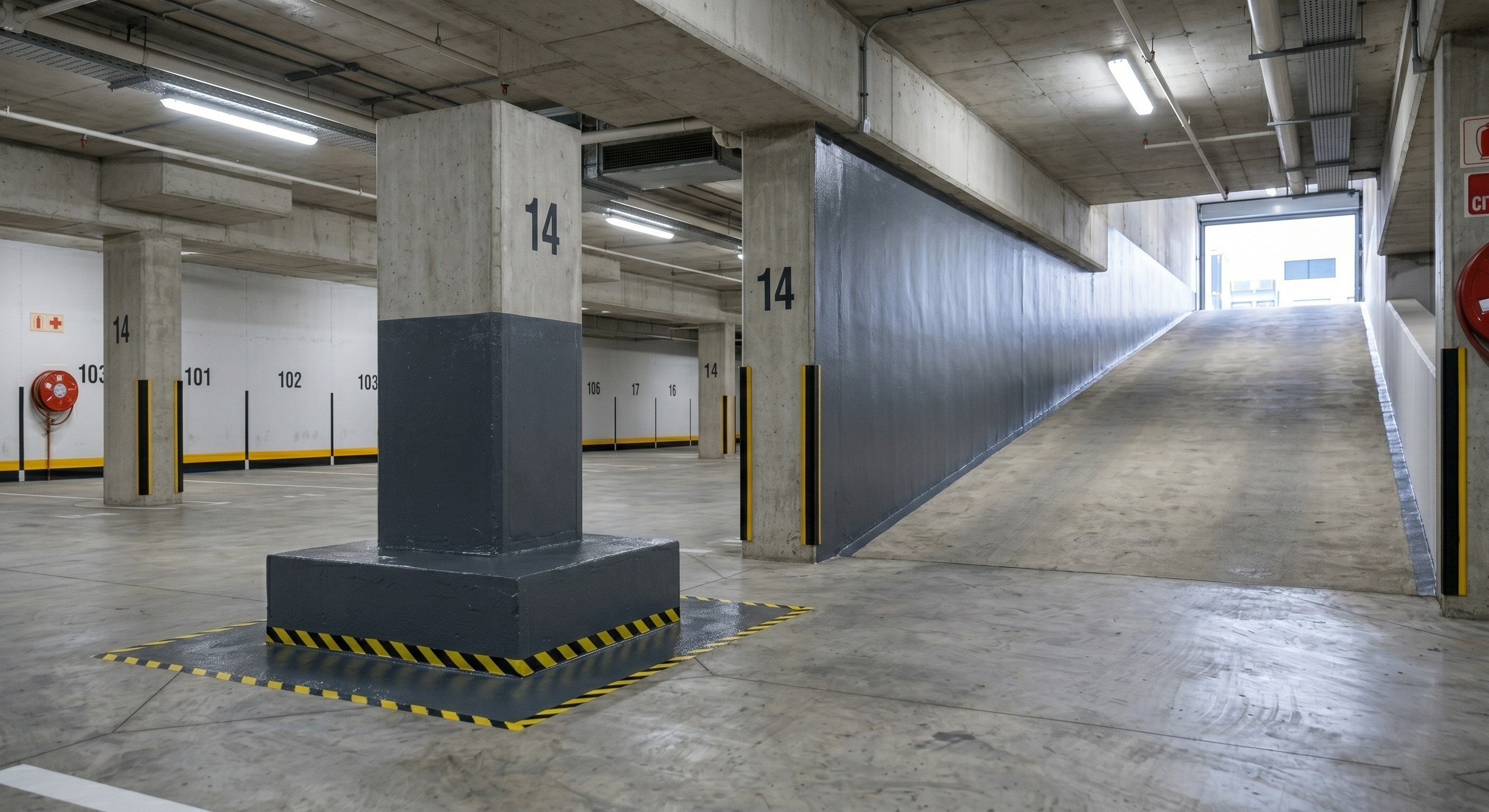 Completed tanking on a wall beside a basement parking ramp