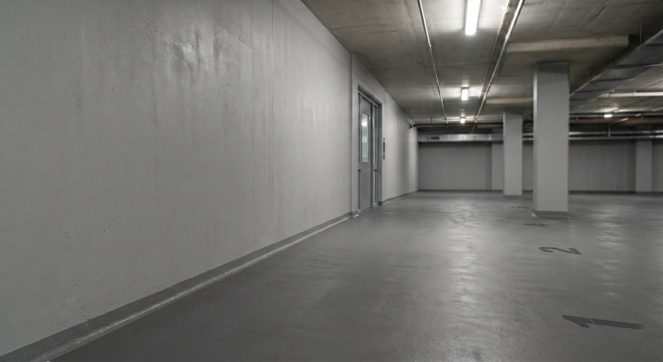 Finished basement parking under a normal townhouse or apartment block