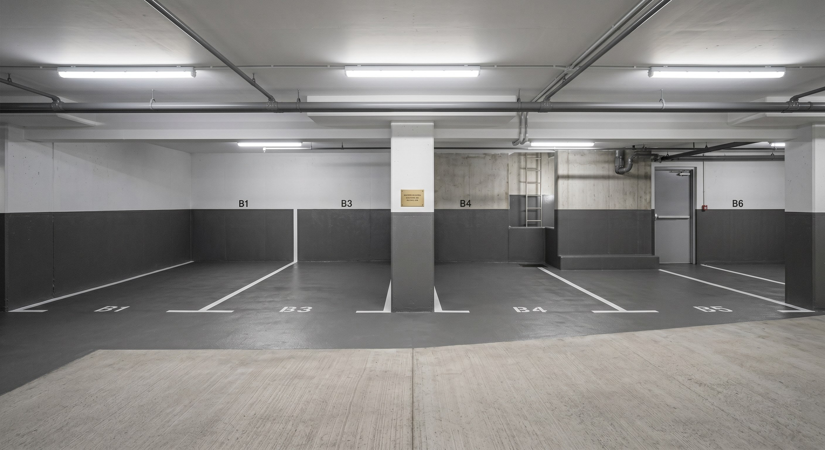 Wide completed basement car park waterproofing handover with dry bays