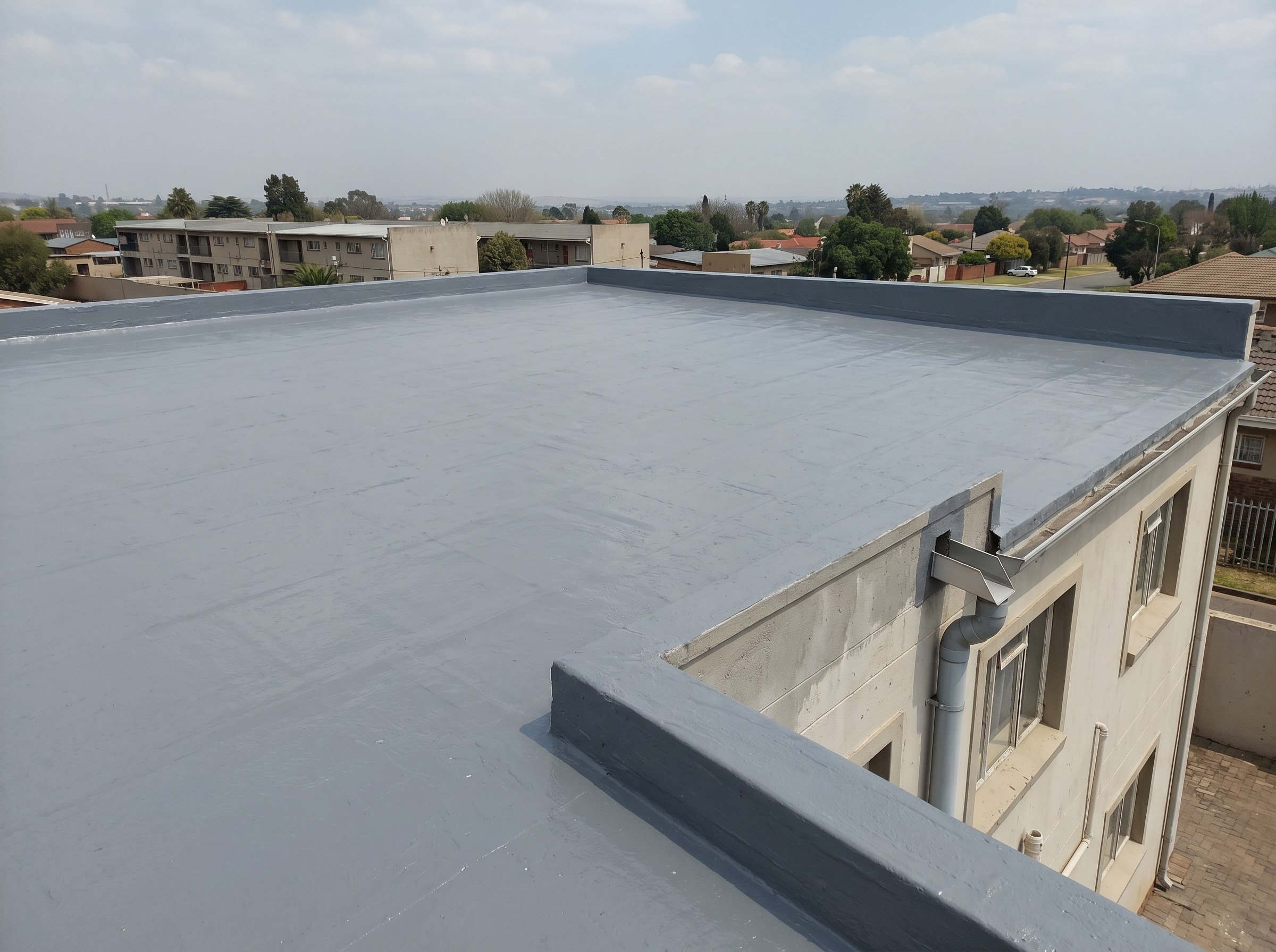 Completed flat concrete roof waterproofing on a modest Gauteng building