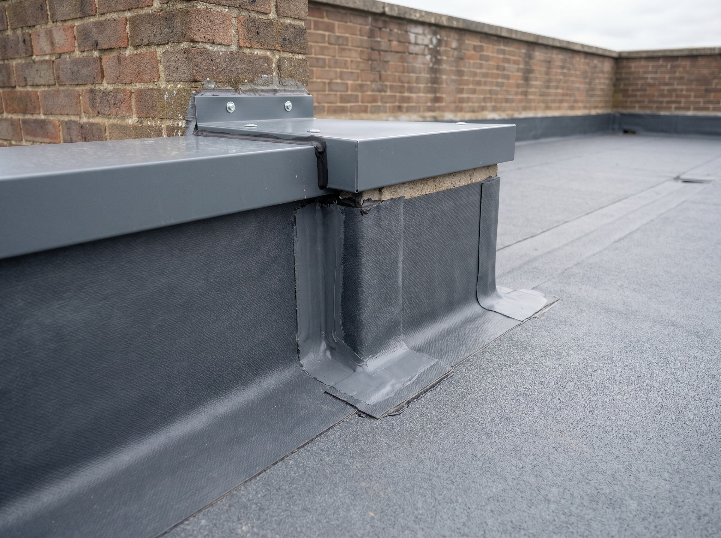 Finished flat roof parapet kerb membrane detail