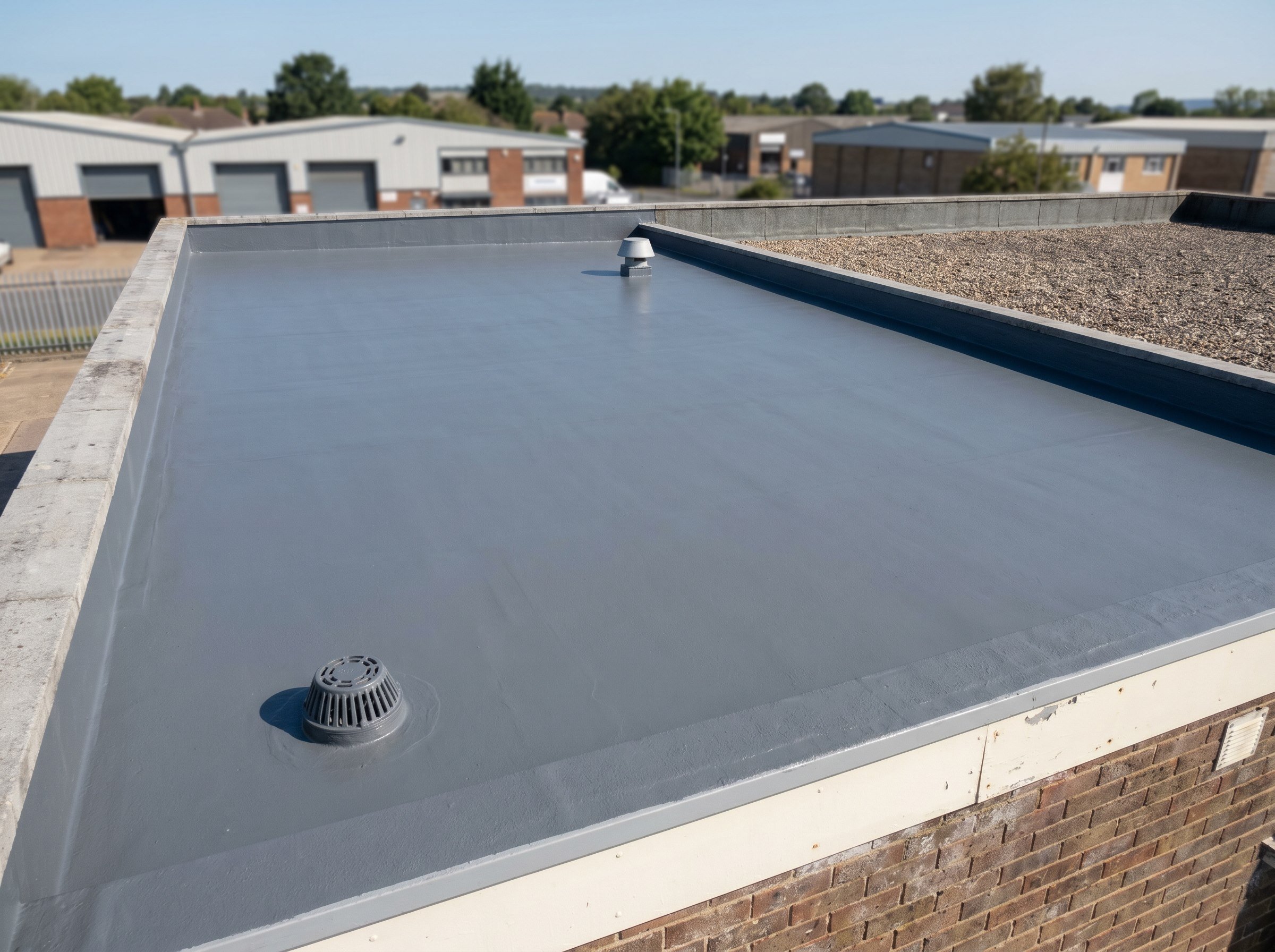 Completed liquid-applied flat roof renewal on a small commercial unit