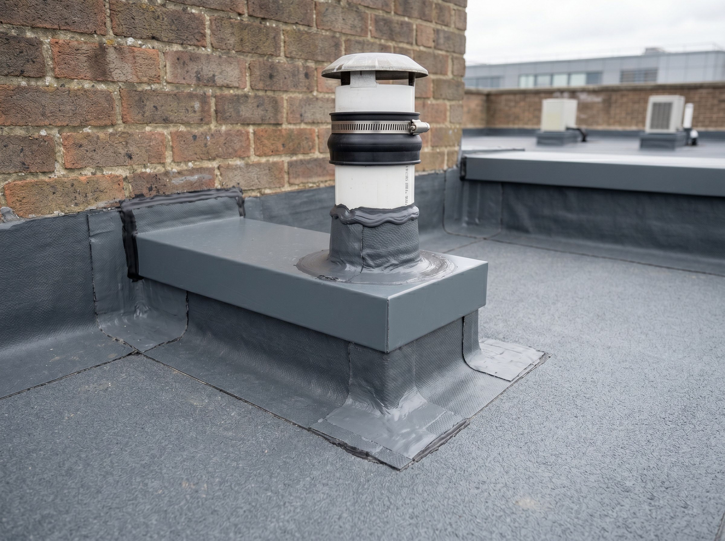 Completed waterproofing around a small roof plant penetration
