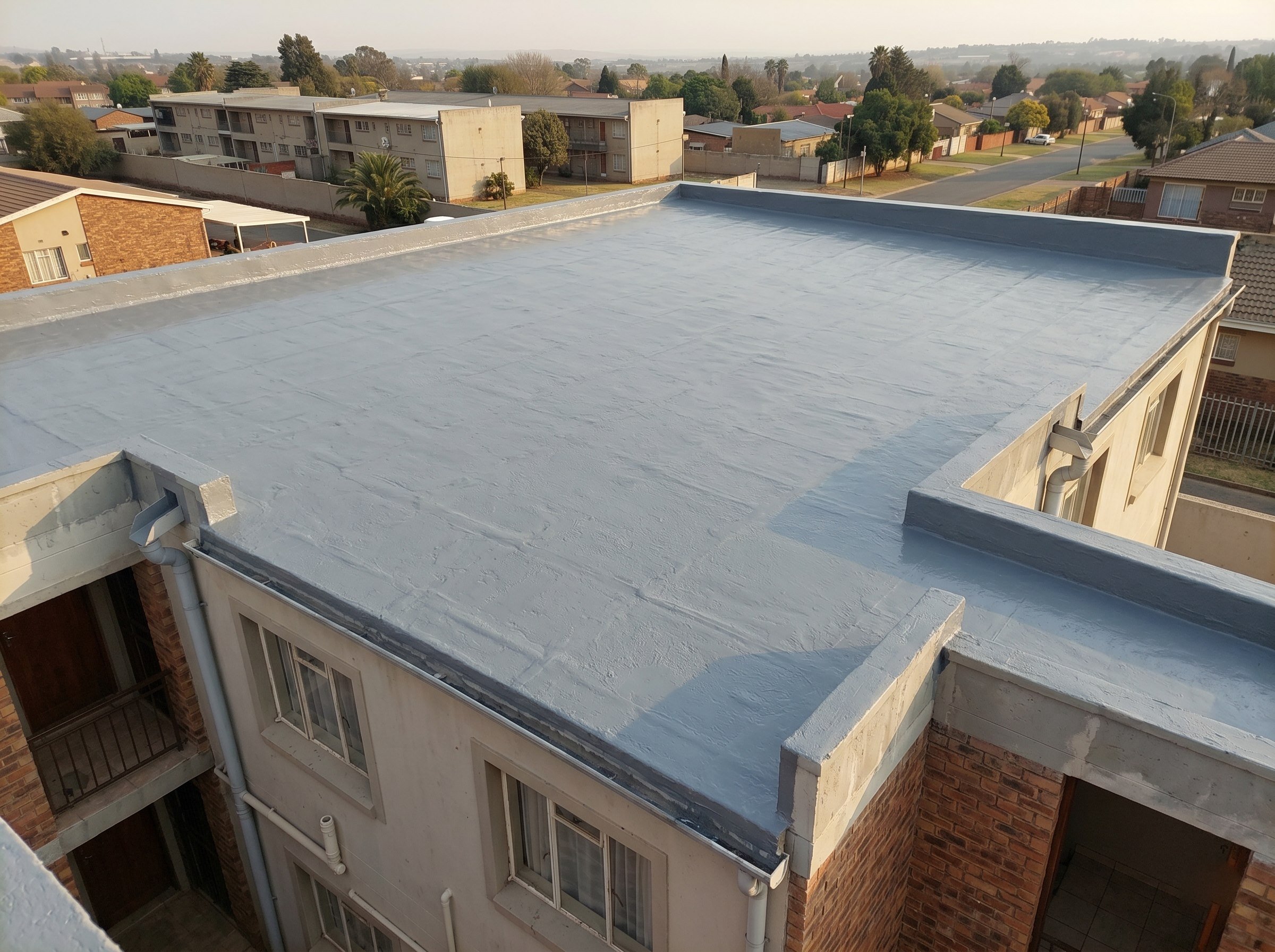 Completed flat roof waterproofing handover on a sectional-title block