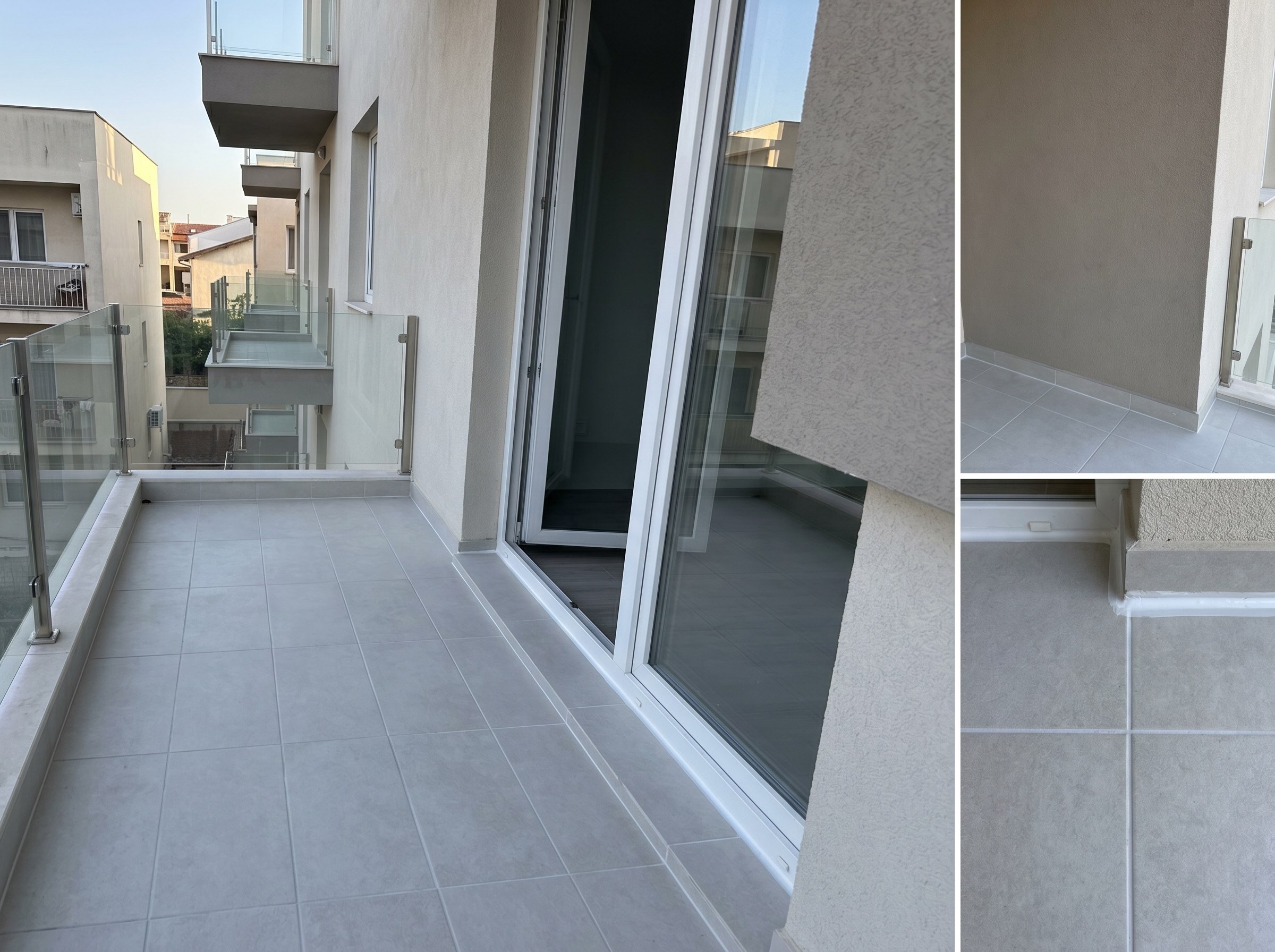 Finished tiled balcony after waterproofing renewal with neat threshold detail