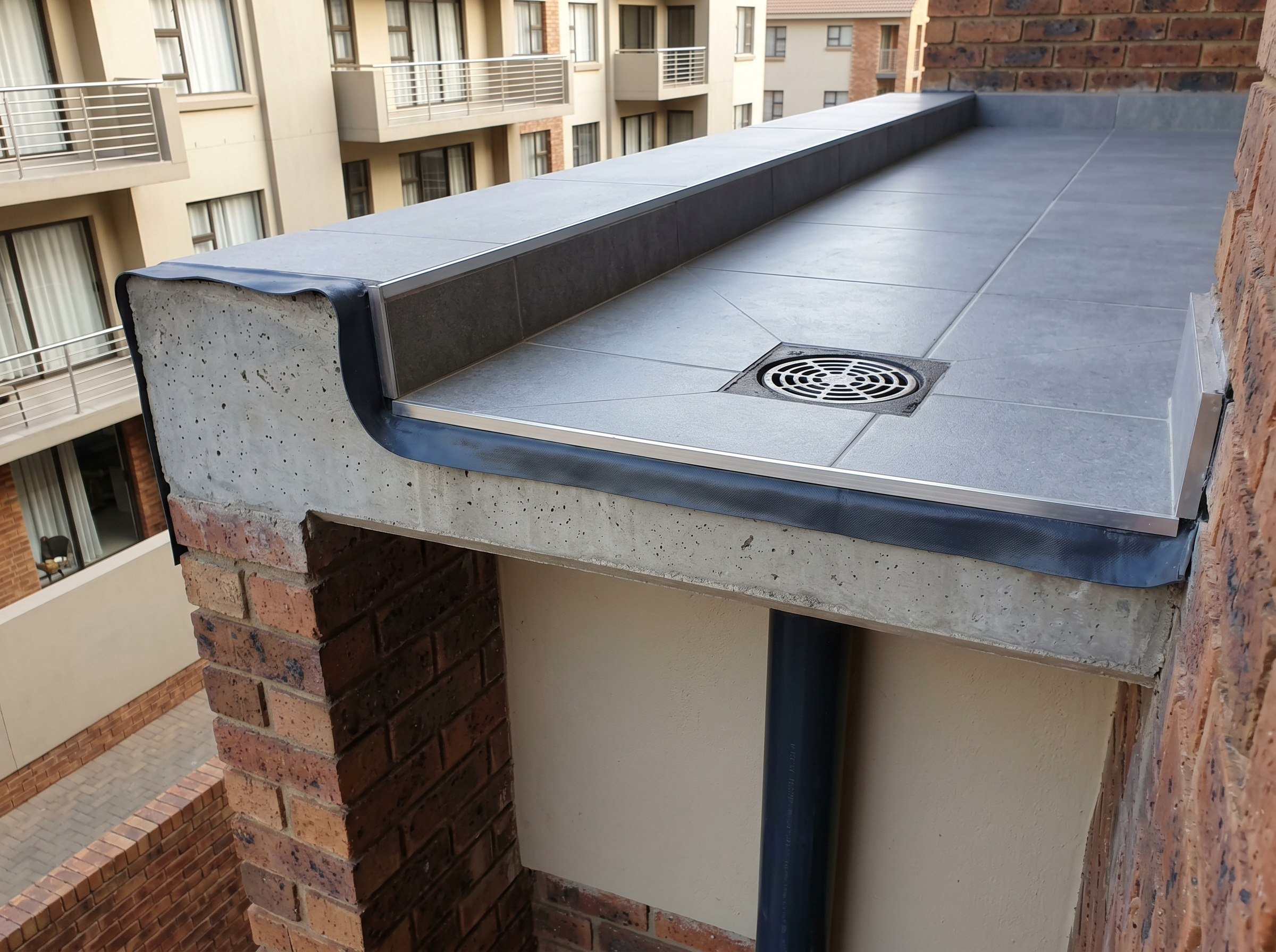 Finished balcony slab edge membrane and tile trim detail