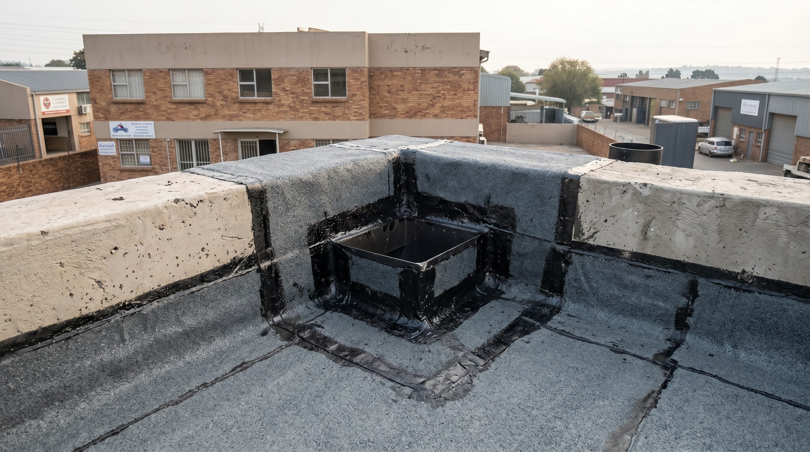 Finished membrane dress-down at a roof outlet on a small flat slab