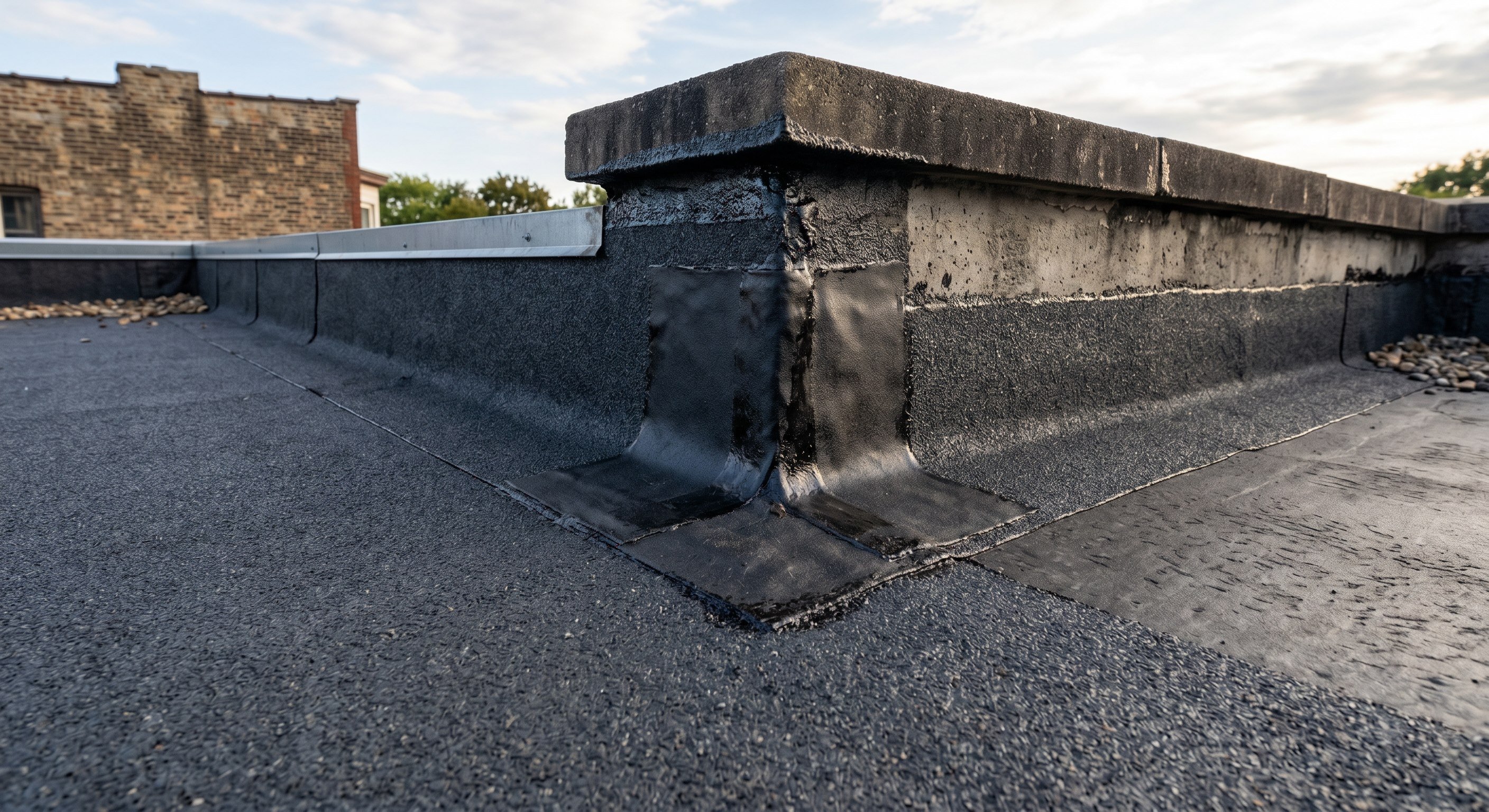 Finished torch-on membrane upturn at a low parapet wall