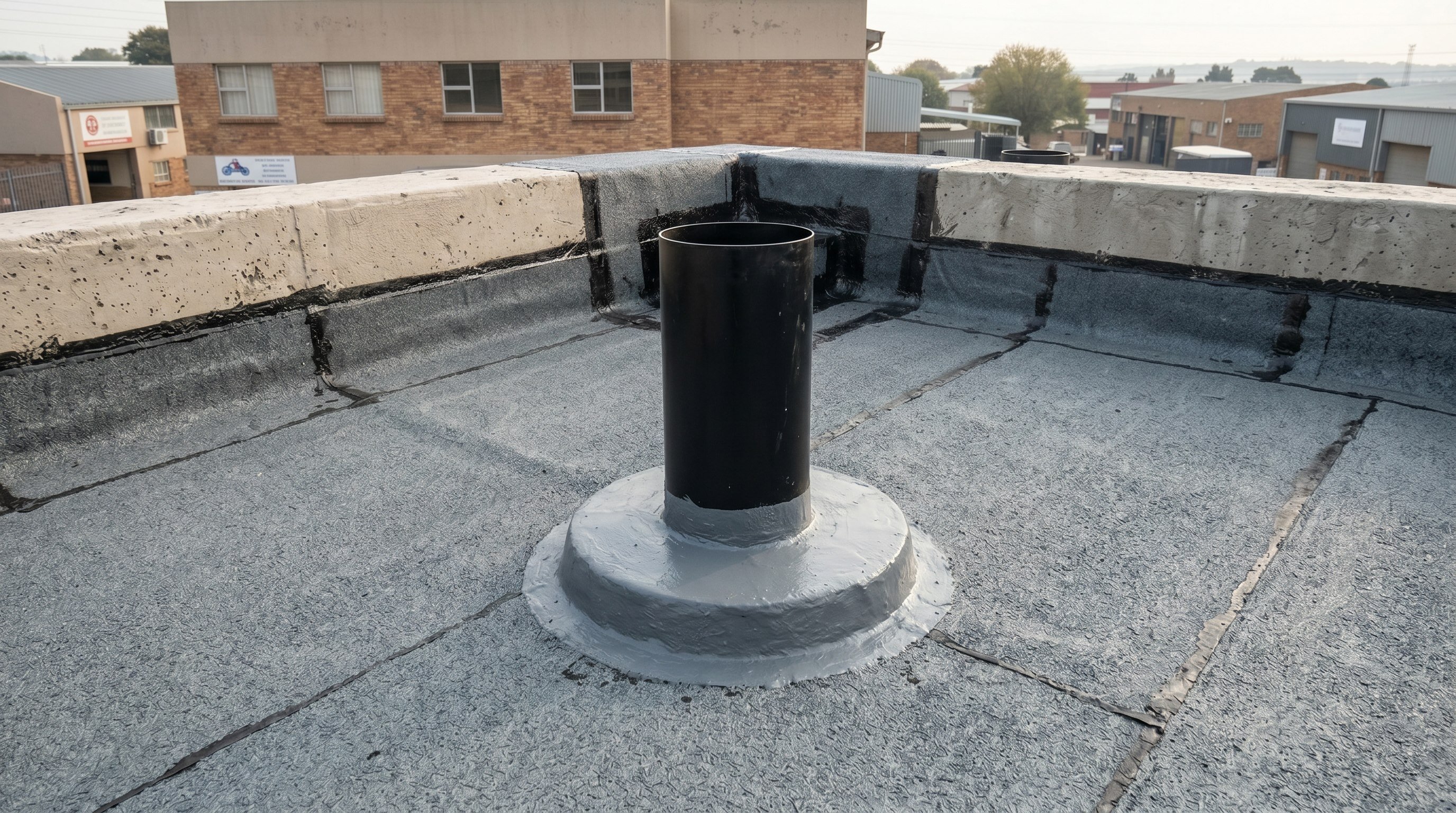 Completed liquid membrane sealed around a small roof penetration